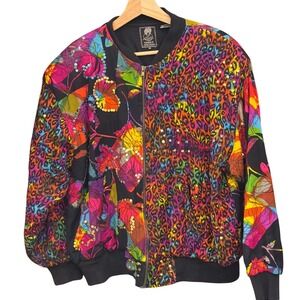 Vintage Short Circuit Bomber Jacket Maximalist Neon Leopard Tropical Floral